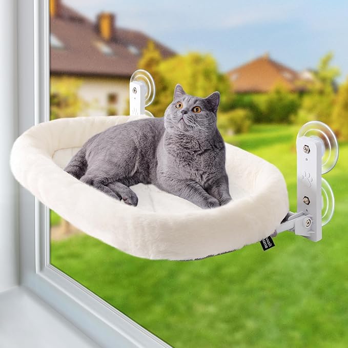 Sunhoo Cat Hammock Perch for Window Seat Bed Indoor Cats Lounger Window Sill Ledge Foldable Kitten Shelf Cordless No Drilling Washable Plush Cushion Heavy Duty Metal Frame 21 * 11.8 in Easy Assembly