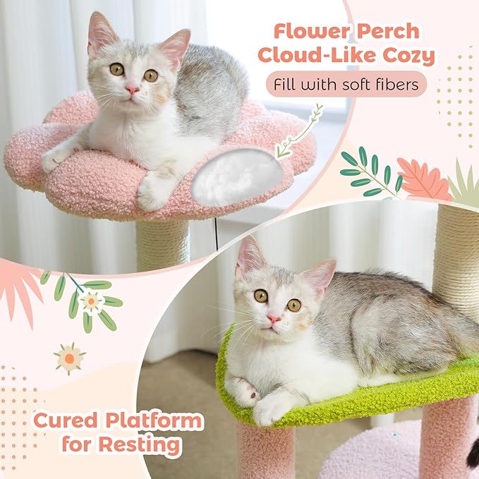PAWZ Road Flower Cat Tree Pink 32” Small Cat Tower Cat Scratching Post with Curved Perch, Cozy Cat Condo Removable Flower Bed for Kittens and Small Cats-Pink