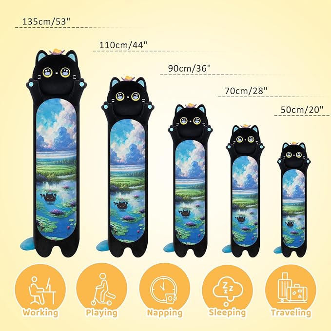 Artist-Designed Ultra Soft Long Cat Plush Body Pillow, Extra Stuffing for Comfort, Premium Quality Stuffed Animal Gift for Girlfriend or Cat Lovers (Butterfly Black Cat 20 Inches)