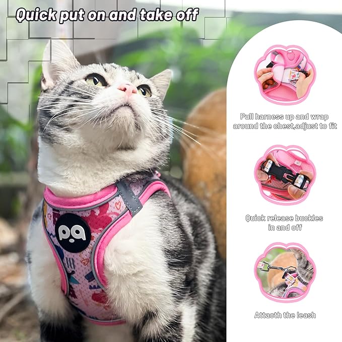 Cat Vest Harness Leash Set: Escape Proof & Reflective Kitten Soft Mesh Vest for Small Medium Large Puppy Pets Walking Hiking and Traveling(XSmall,Pink)