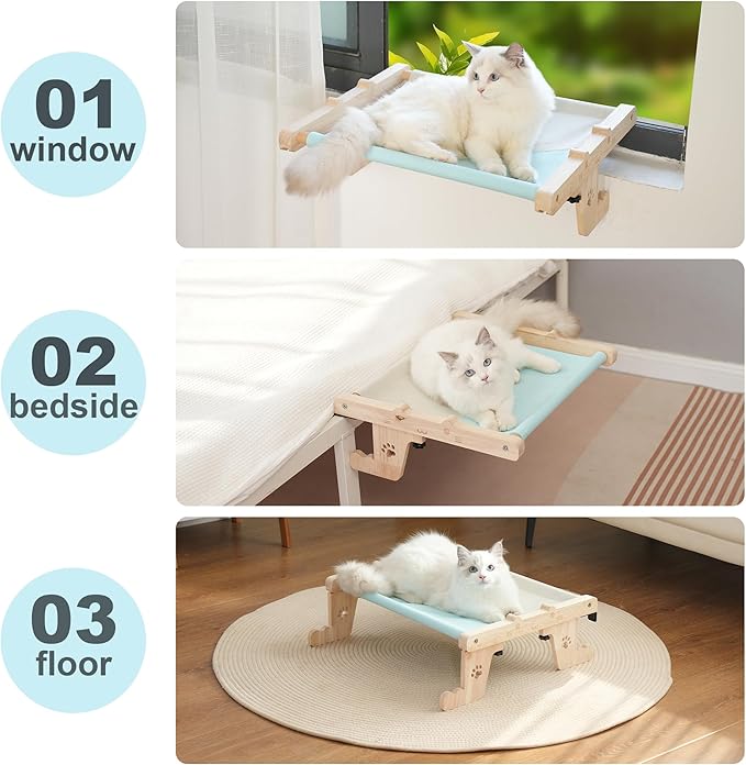 Cat Sill Window Perch Sturdy Cat Hammock Wooden Pet cat Bed Easy to Adjust Cat Bed for Windowsill Bedside Drawer Cabinet Floor (Blue with Gray)