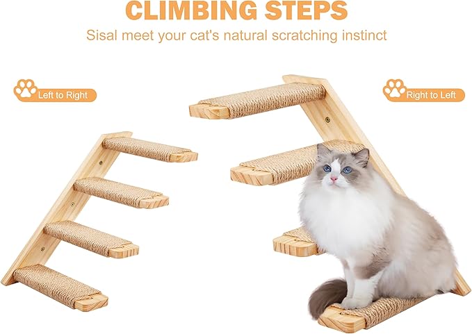 Cat Climbing Stair Shelf Wall Mounted Reversible Left & Right Direction, Cat Stairway Shelf for Climbing with Sisal Rope Ladder Cat Wall Furniture