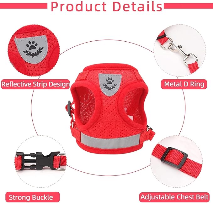 Cat Vest Harness and Small Dog Vest Harness for Walking, All Weather Mesh Harness, Cat Vest Harness with Reflective Strap, Step in Adjustable Harness for Small Cats (Red, XS)