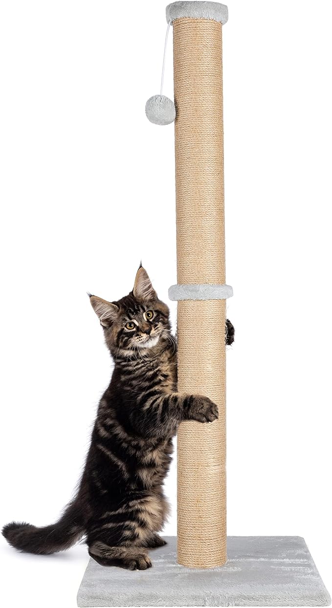 FluffyDream 37'' Cat Scratching Post, Natural Sisal Rope Scratcher with Dangling Teaser Ball and Covered with Soft Plush for Kittens and Adult Cats, Sand Color (Cat Tree 37")