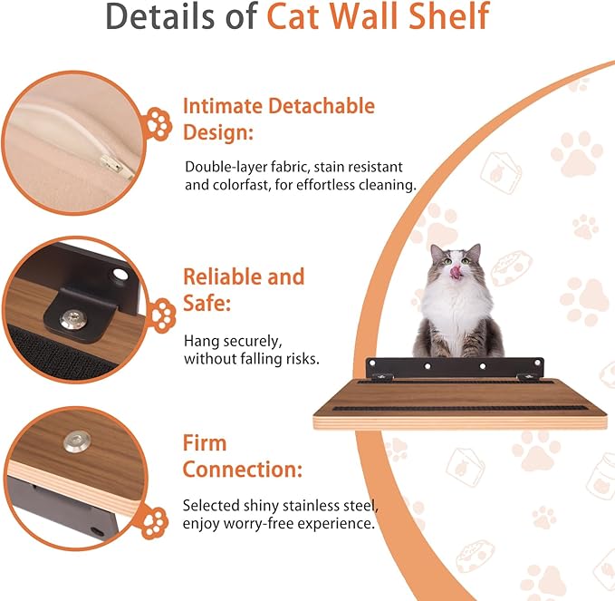 Cat Shelves Wall Mounted Cat Step with Cushion Wooden Cat Climbing Shelf Cat Wall Furniture for Sleeping and Playing 11.8"x10.2", Support to 40 LBS(Walnut)