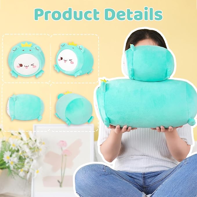 AIXINI Cute Cat Frog Plush Pillow 15.7” Kitten Froggy Stuffed Animal, Soft Kawaii Cat Plushie with Frog Outfit Costume, Hugging Plush Squishy Pillow Toy Gifts for Kids