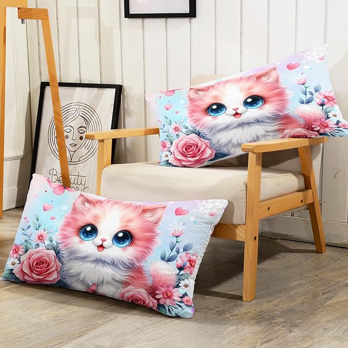 AILONEN Cute Kawaii Cat Twin Bedding Set for Girls,Watercolor Floral Kitten Kids Comforter Set,Pink Tie Dye Pet Cat Butterfly Comforter with 2 Pillowcases, 3 Piece