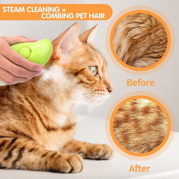 3in1 Steam Grooming Tool: Shedding Massager, Hair Removal Comb for Cats and Dogs, Green