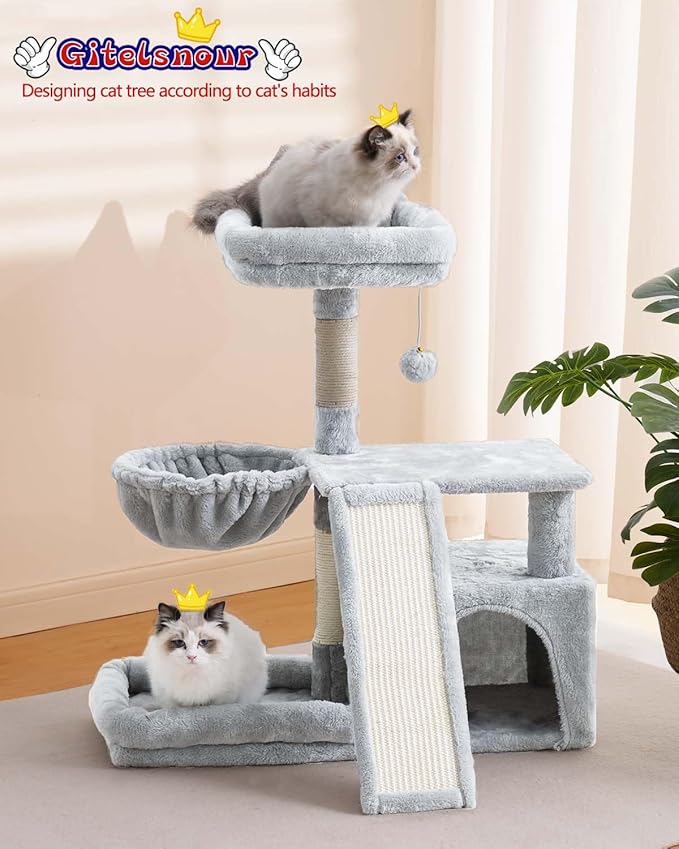 Cat Tree, Cat Tower with condo, Basket, Large Bed, Platform, Scratch Board, Cat Scratching Posts for Indoor Cats, Light Gray GCT002SW