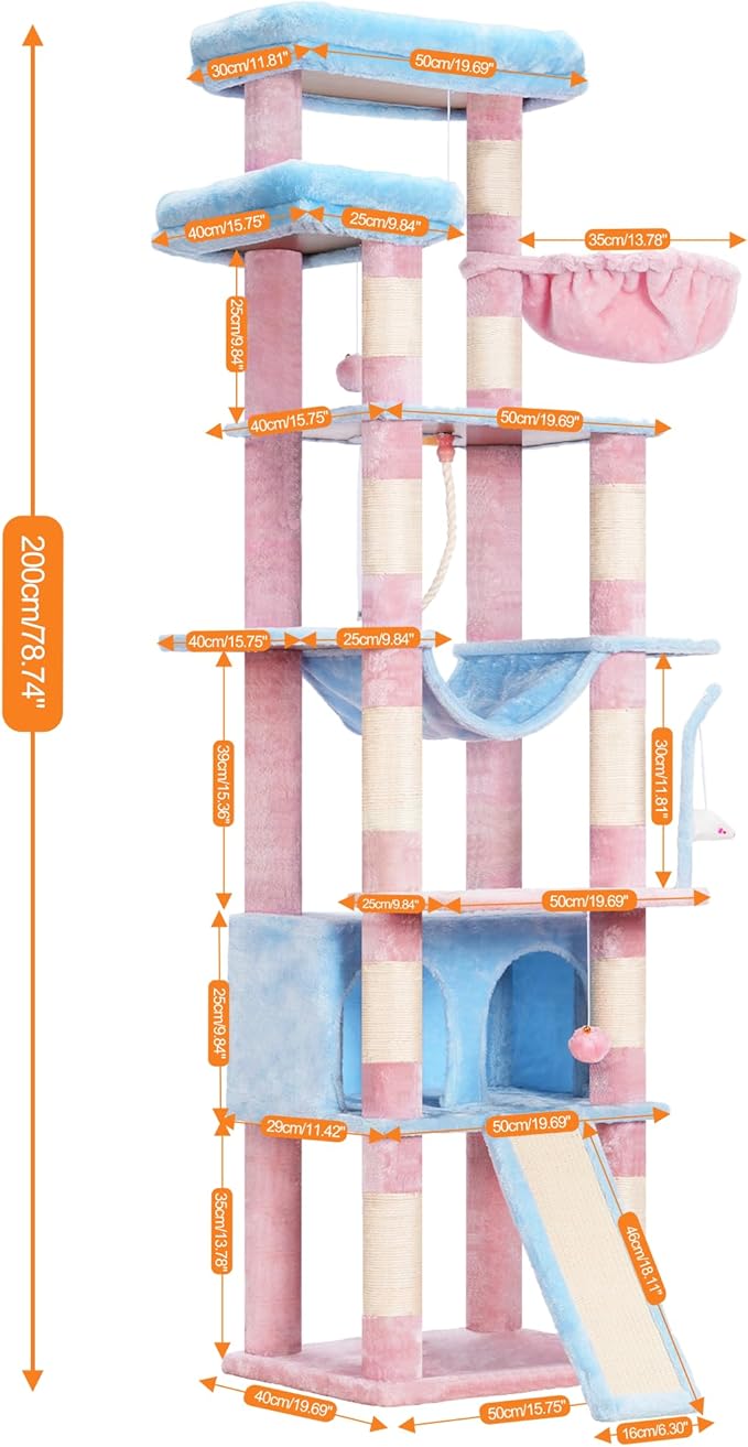 Heybly Tall Cat Tree,78 inch Multi-Level Cat Tower for Indoor Cats,2 Widened Plush Perches Cat Condo with Scratching Board and Big Caves,Blue and Pink HCT033BP