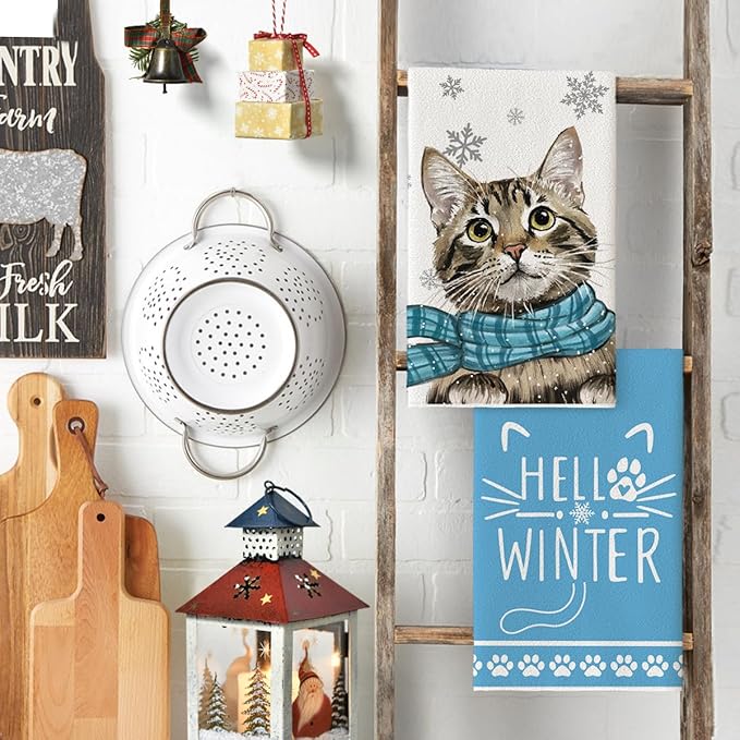 Artoid Mode Blue Cat Hello Winter Kitchen Towels Dish Towels, 18x26 Inch Print Snowflakes Christmas Decoration Hand Towels Set of 2