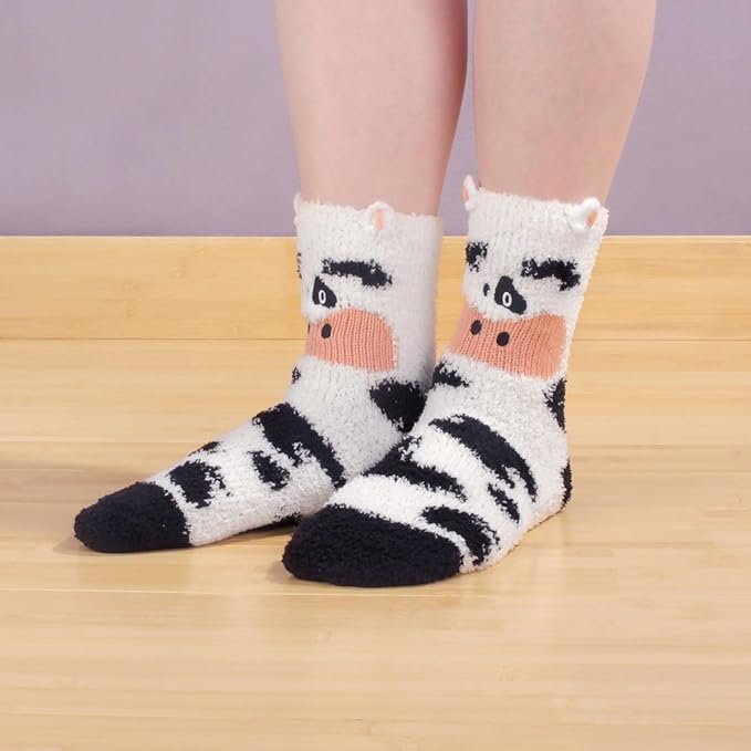 BambooMN Super Soft Cozy Warm Cute Animal Non-Slip Fuzzy Crew Winter Socks, 1 Pair Cow