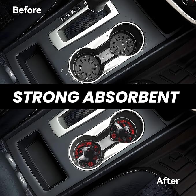 Absorbent Ceramic Car Coasters for Cup Holders, Black Cat Red Flower Design 2.56" Anti Slip Universal Drink Cup Coasters for Women Men (2 Pack)