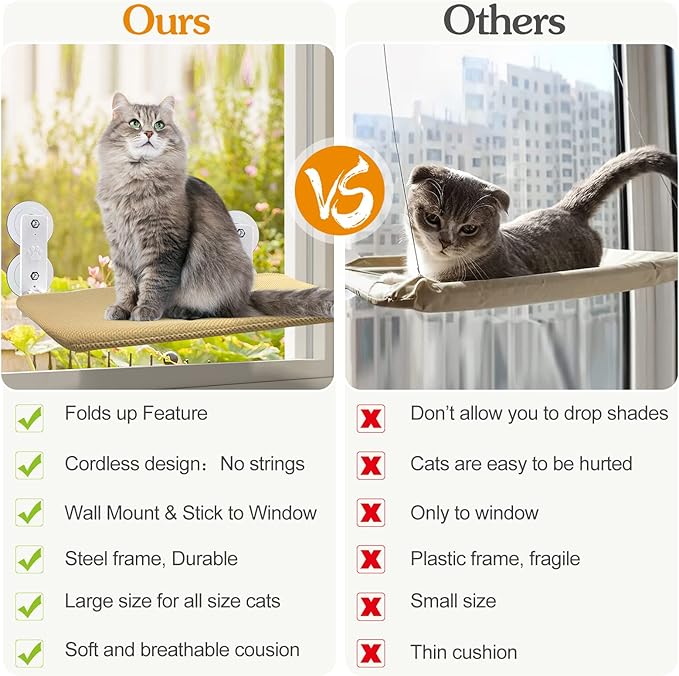 Foldable Cat Window Perch, Cordless Cat Window Hammock with 4 Strong Suction Cups, Window Cat Beds for Indoor Cats Inside, Large Cats Window Seat Windowsill Safety with Sturdy Metal Frame Soft Cover