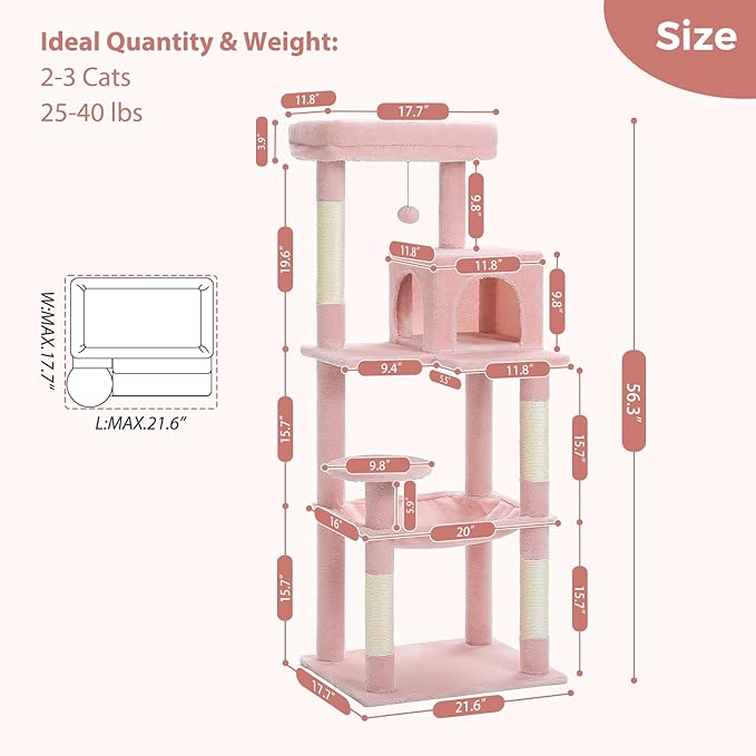 PETEPELA 56.3'' Tall Cat Tree for Indoor Cats, Multi-Level Cat Tower with Super Large Hammock (20''X16''), Sisal Covered Scratching Posts, Cozy Condo and Top Perch,Pink