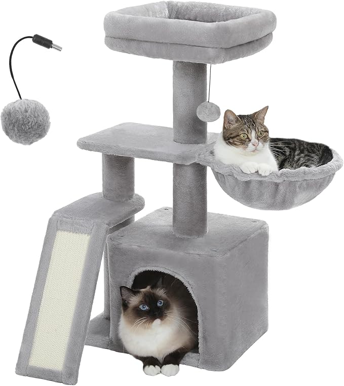 PETEPELA Small Cat Tree for Indoor Cats, 32'' Cute Cat Tower Cat Condo with Sisal Scratching Ramp, Cozy Hammock and Removable Top Bed Perch for Kittens, Grey