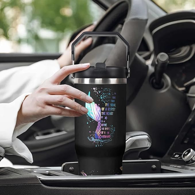 30 Oz Mermaid Tumbler with Handle and Straw, Mermaid Cups Insulated Mermaid Coffee Mug, Double Wall Stainless Steel Mermaid Mug, 30 Oz Leak Proof Mermaid Coffee Cup and Mermaid Gifts for Women