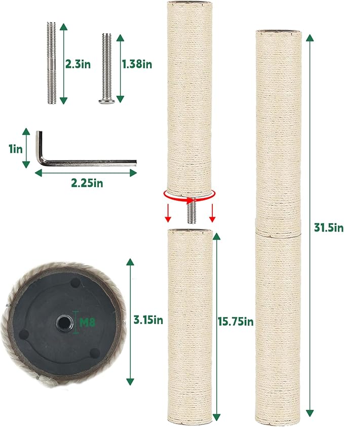 BNOSDM M8 15.75”x3.15” Replacement Scratching Post for Cat Tree Tower Rope Scratch Poles Refill 4 Pcs Natural Sisal Pole Part for Refurbishment Hemp White