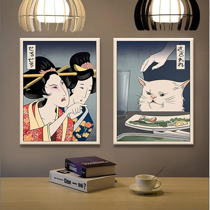 2 Pieces Fun Cute Canvas Paintings Japanese Women Yell at Cats Eat Food Posters and Prints Vintage Wall Art meme poster Pictures Dining Room Wall Decoration Living Room Kitchen Hallway Unframed 8x10 inches……