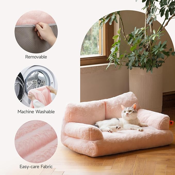 MEWOOFUN Pet Couch Bed, Washable Cat Beds for Medium Small Dogs & Cats up to 25 lbs, Dog Beds with Non-Slip Bottom, Fluffy Cat Couch, 26×19×13 Inch (Pink)