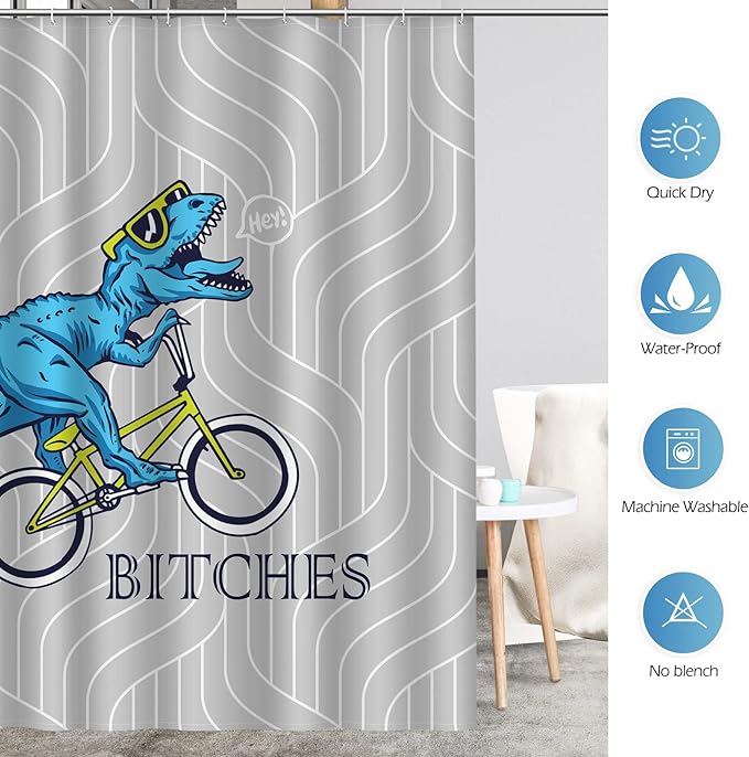 Aimego Funny Shower Curtain Blue Dinosaur Ride A Bike Pattern Cute Dino Pattern Shower Curtain Set with 12 Hooks for Bathroom Decor Accessories Bathtub Curtain, 72"x72"