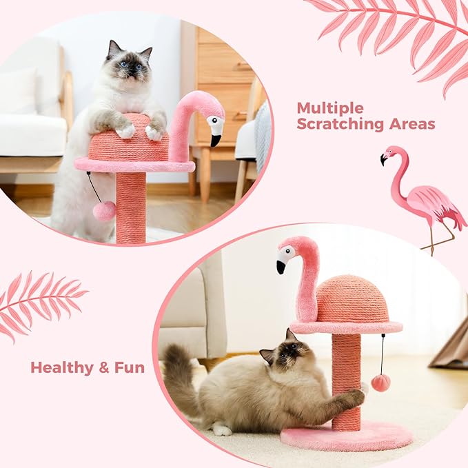 PETEPELA Cat Scratching Post, Pink Cat Scratcher Tree, Flamingos Natural Sisal Cat Scratch Post with Interactive Toy Ball and Extra Replacement Sisal Scratching Pole for Kittens and Small Cats,Pink