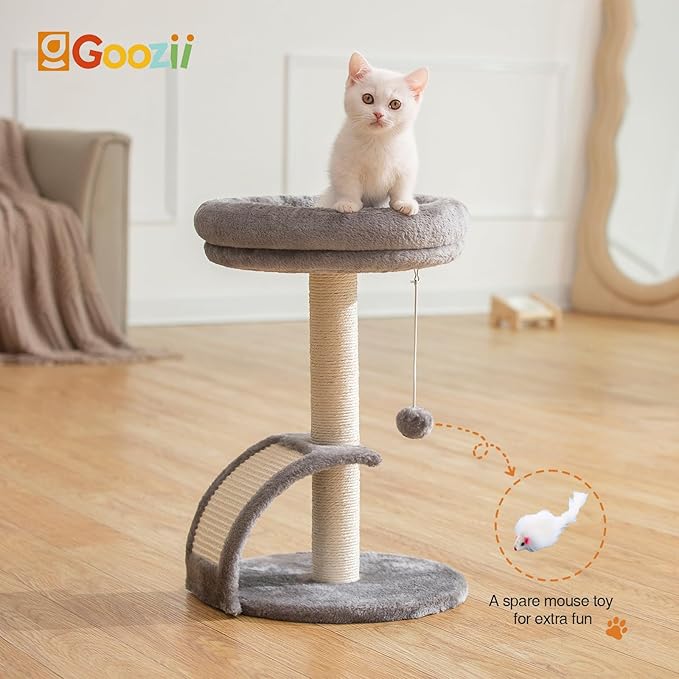 Small Cat Tree Tower with Scratching Post, Modern Kitten Tower for Indoor Cats, Short Carpet Sisal Cat Scratcher Stand with Large Bed Perch, Scratch Ramp, Toy Ball for Kitty Play (Grey)