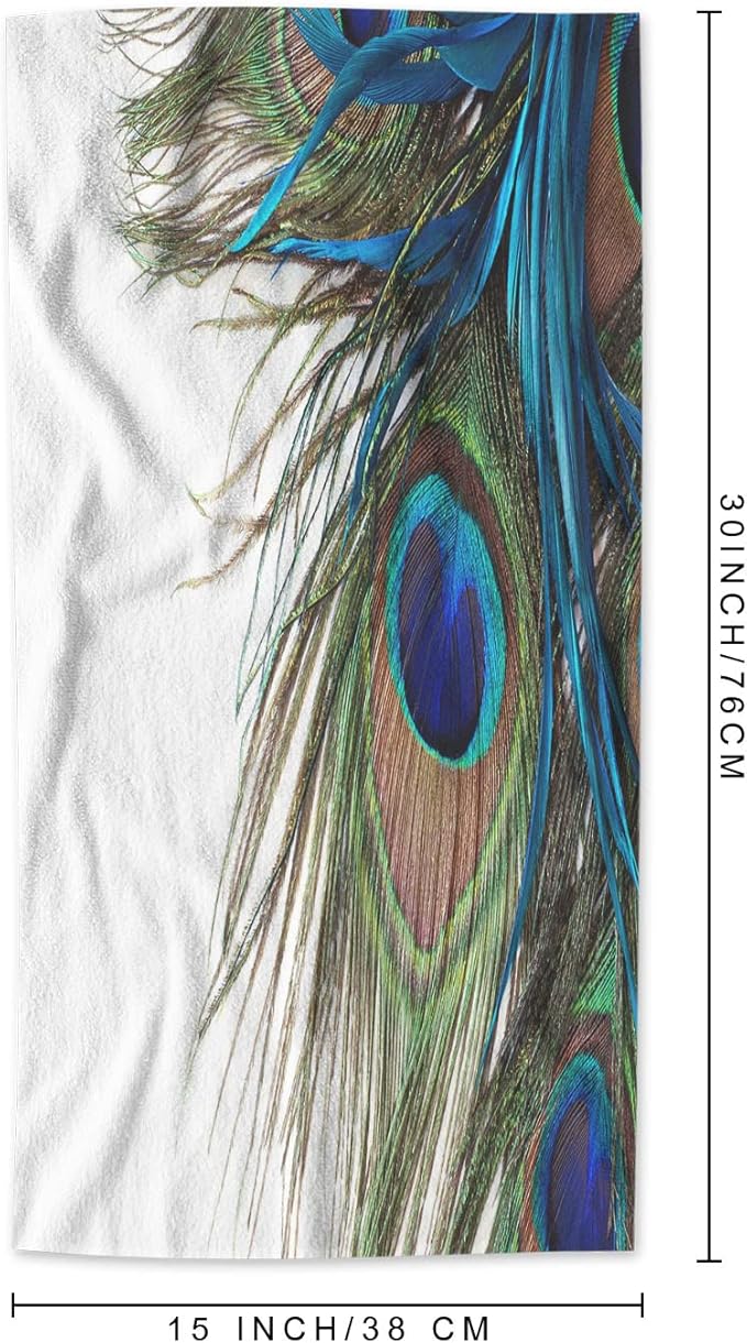 AOYEGO Green Blue Peacock Feather Bath Towel Exotic Peacock Feathers Bird Beach Bath Towels Soft Microfiber Yoga/Golf/Swim/Hair/Face Towels 15x30 Inch