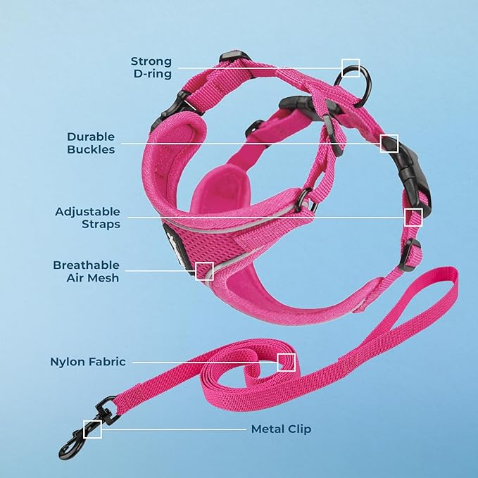 Voyager Escape Proof Cat Harness and Leash Set with Reflective Stitching, Neoprene Handle 5ft - Supports Small, Medium and Large Cats, Kittens for Walking by Best Pet Supplies - Fuchsia, XXXS