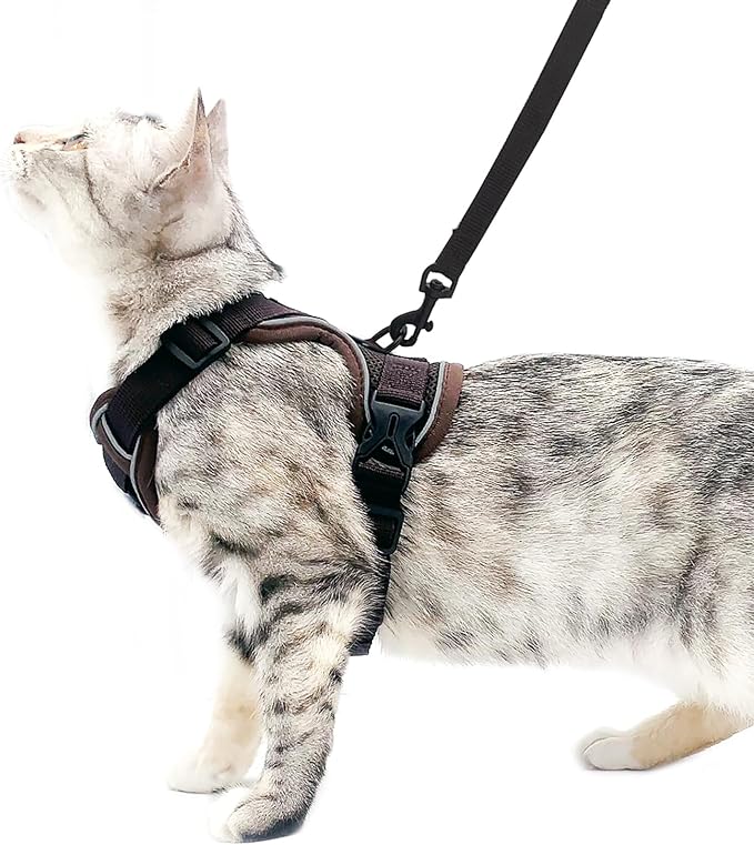 Cat Harness and Leash Set Escape Proof Tactical Large Kitten Harness Emotional Support Cat Vest, Brown, L