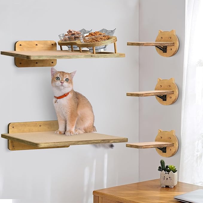 Cat Wall Shelves, Wood Cat Shelves for Wall with Cat Feeding Station, Cat Wall Furniture with 3 Cat Wall Steps, Cat Shelves and Perches, Wall Mounted Cat Climbing Shelf, Cat Lover Gift, 4 Board