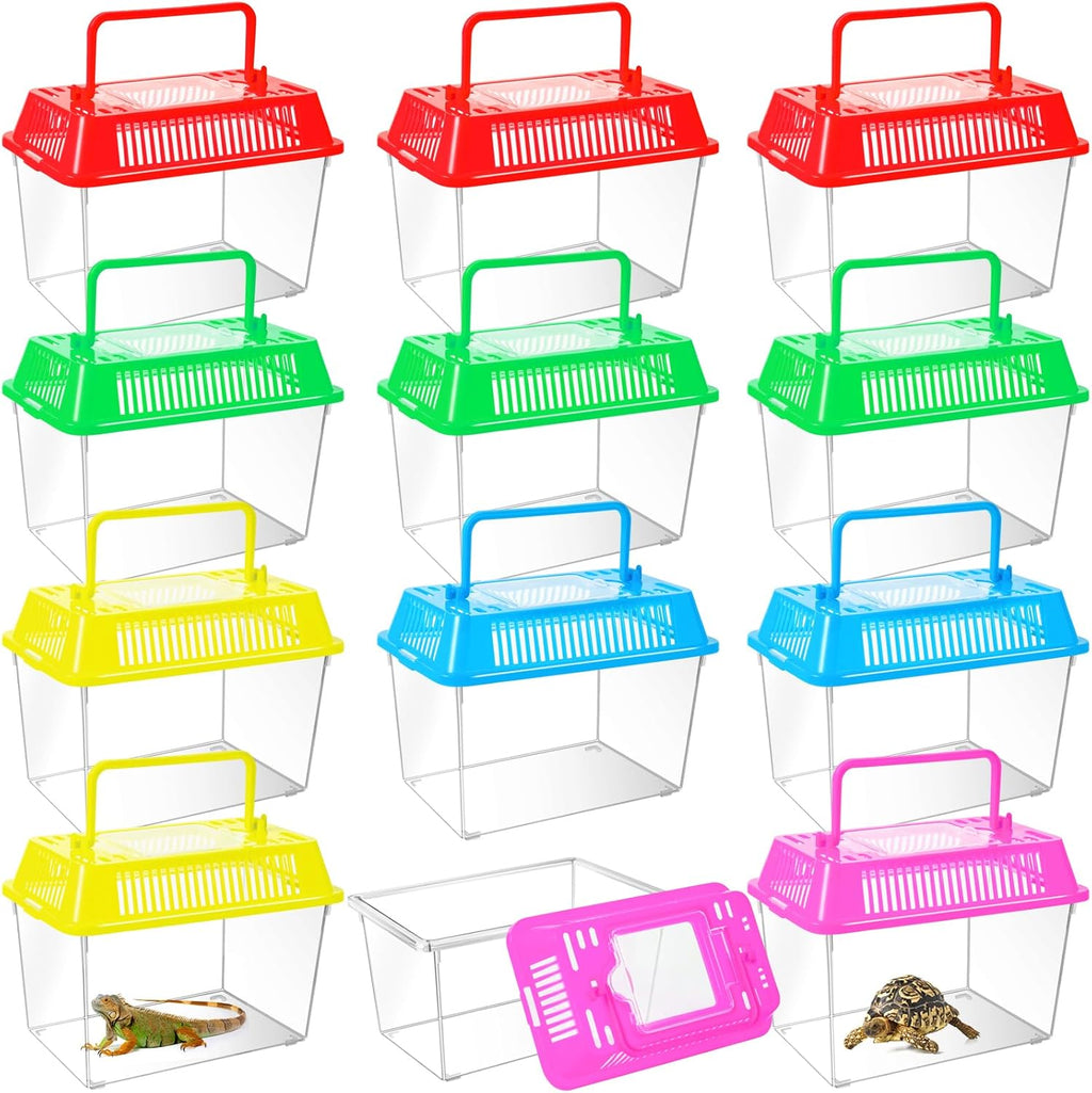12Pcs Plastic Reptile Terrariums Carrier Cage, Tarantula Enclosure Snake Breeding Box Hatching Container Transparent Fish Tank Turtle Aquarium with Random Color Lid for Shrimp, S(5.9" x 3.5" x 4.3")