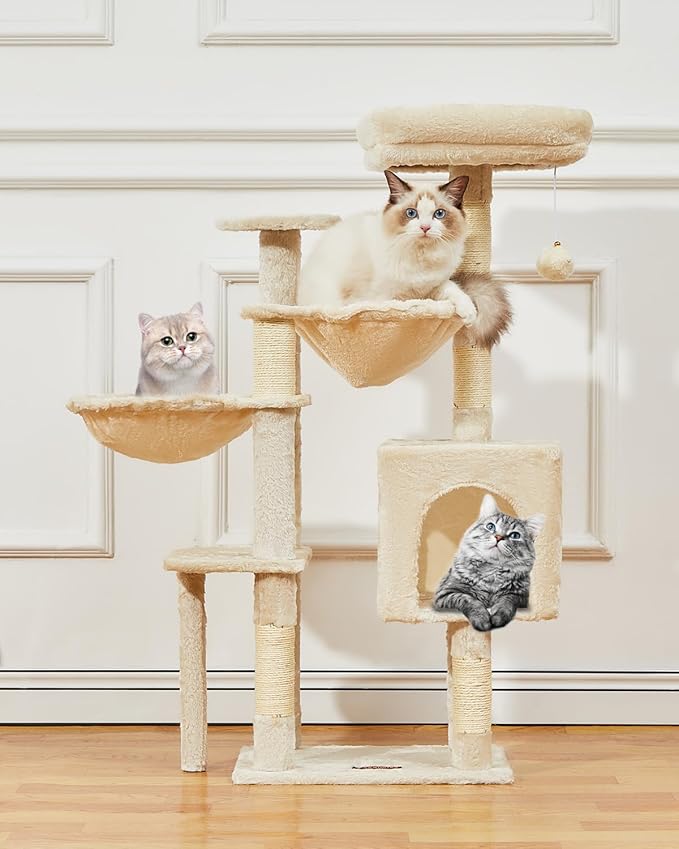 Taoqimiao Gothic Cat Tree, 39.4-Inch Cat Tower for Indoor Cats,Suitable for Kittens,Plush Cat Condo with 5 Scratching Posts, Plush Perch,2 Hammock,Pompoms, MS019M Beige