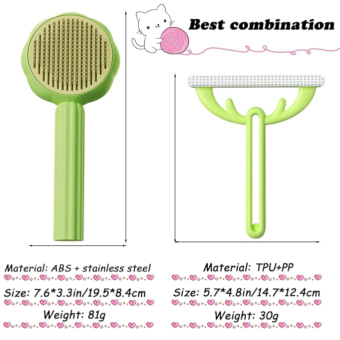 7.6in Pumpkin Pet Brush Cat, 2Pcs Creative Comfortable Self Cleaning Slicker Brush, Cat Brush for Shedding and Grooming Self Cleaning (Green)