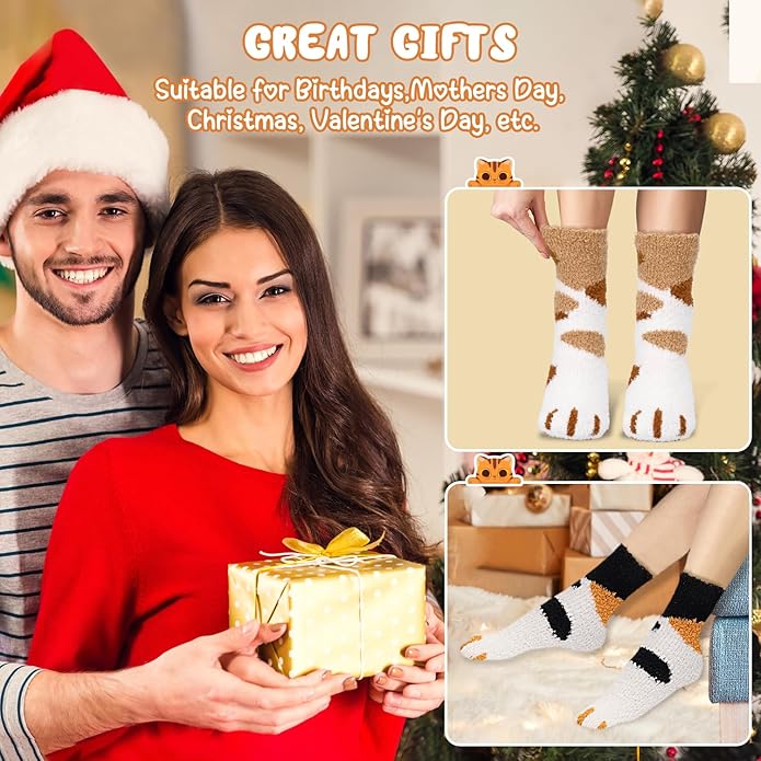 3-6 Pairs Womens Fuzzy Socks Cozy Fluffy Slipper Socks Cute Soft Cat Animal Winter Warm Sleep Socks Gifts