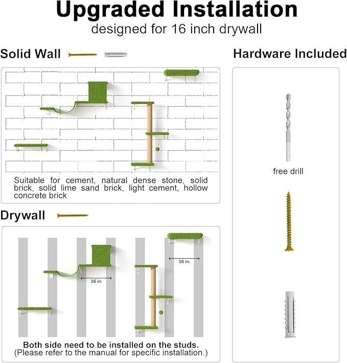 FUKUMARU Cat Wall Shelves, Stable & Safe 4 in 1 Large Cat Wall Furniture Set, Wooden Cat Climbing Wall with Scratching Post, Cat Bridge and Cat Bed, Stylish Cat Jungle Gym for 16 Inch Drywall - Green
