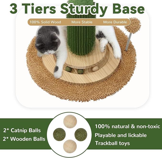 OTOB 36" Tall Cat Scratching Post, Natural Sisal Rope Cactus Scratcher Post, Vertical 6-in-1 Interactive Turntable Cat Scratch Post with Soft Ball Toys, Protect Your Furniture for All Indoor Cats