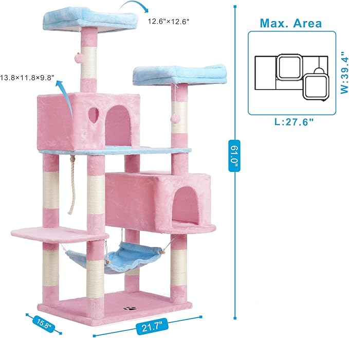 Hey-brother Large Multi-Level Cat Tree Condo Furniture with Sisal-Covered Scratching Posts, 2 Bigger Plush Condos, Perch Hammock for Kittens, Cats and Pets, Blue and Pink MPJ020BP