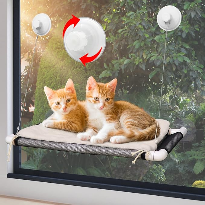 ZALALOVA Cat Perch, Cat Window Seat Large Sturdy Cat Bed Fleece Blanket 2024 Latest Screw Suction Cups Cat Resting with Blanket(Brown)