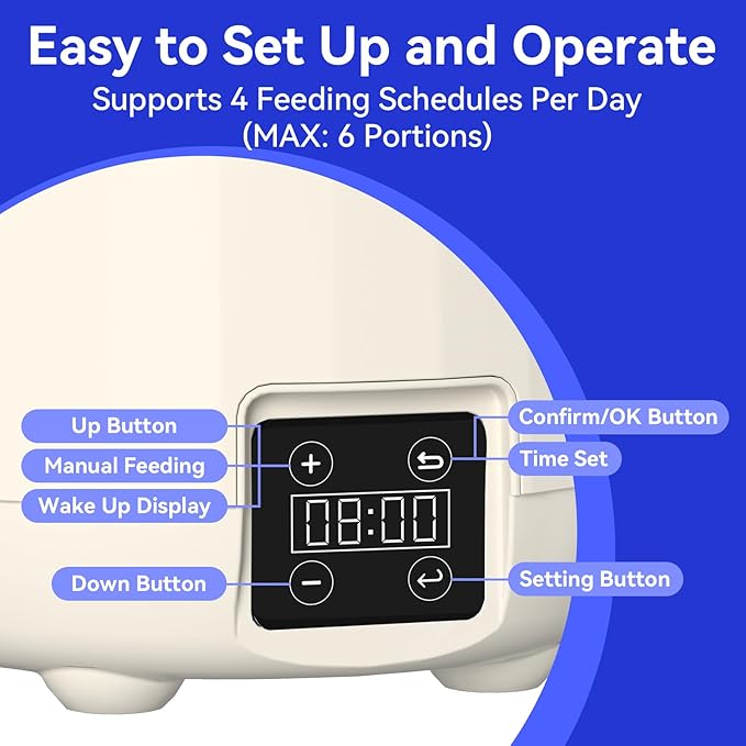 Automatic Cat Feeder with Dual Power Supply, 3L Capacity, Timer Function, Moisture Resistant Design, Detachable for Easy Clean, Blue