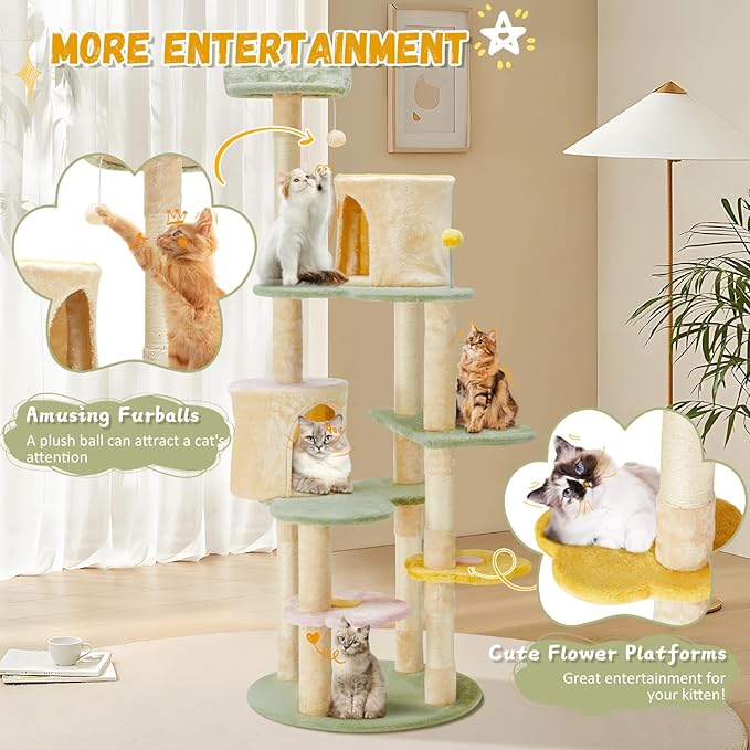 Erinnyees Flower Cat Tree Tower, Heavy Duty Anti-Scratch Cats Furniture, Multi-Level Cat Condo Activity Center Kitten Play House