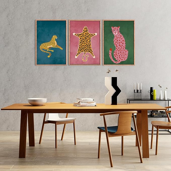 Ausril Cheetah Animals Framed Canvas Wall Art Set, Leopard Preppy Room Wall Decor, Modern Boho Cats Wall Painting, Pink Dot Cartoon Art Print for Living Room Bedroom Dinning Room Office 24"x36"x3