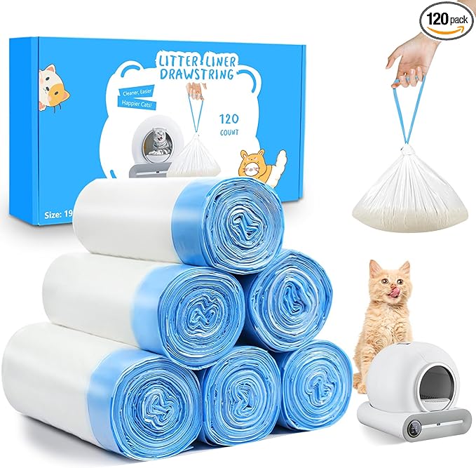 120 Count Self Cleaning Cat Litter Box Liners Bag Fit For MeoWant MW-SC01,MW-SC02, Drawstring Heavy Duty Cat Litter Receptacles Bags Compatible with Automatic Cat Litter Box-17.7" x 19.68"