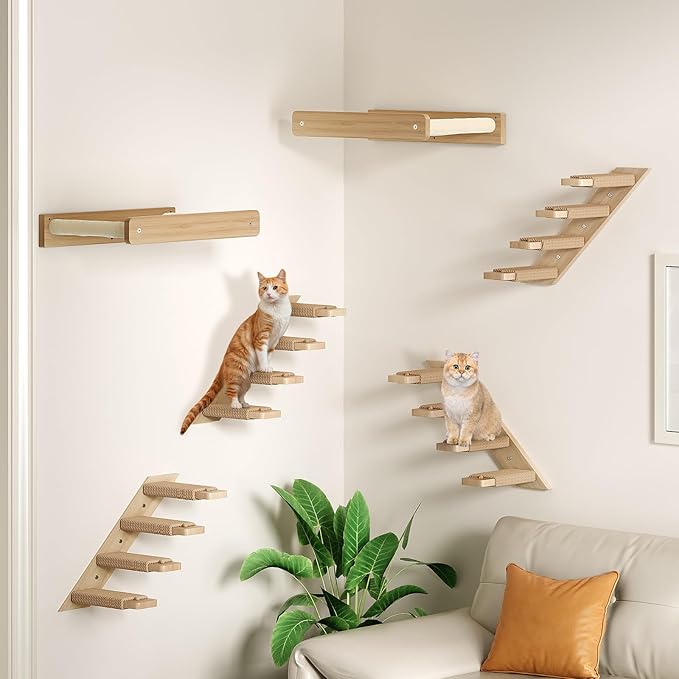 HOOBRO 4-Tier Wooden Cat Climbing Wall Shelves, Wall-Mounted Cat Wall Shelves Furniture, Cat Wall Step with Jute Scratching Rope, Solid Oak, 40-lb Load Capacity, Easy to Assemble, Natural NL12CS03N1