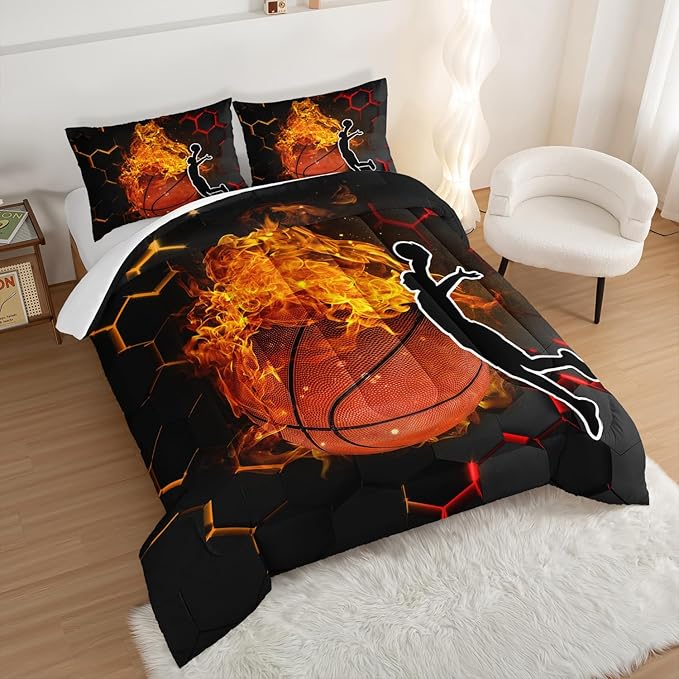 Basketball Bedding King Size,Black Honeycomb Background Comforter Flame Basketball Print Bedding Set for Boys Girls Bedroom Decor,Slam Dunk Sports Themed Sets Comforter with 2 Pillowcases.