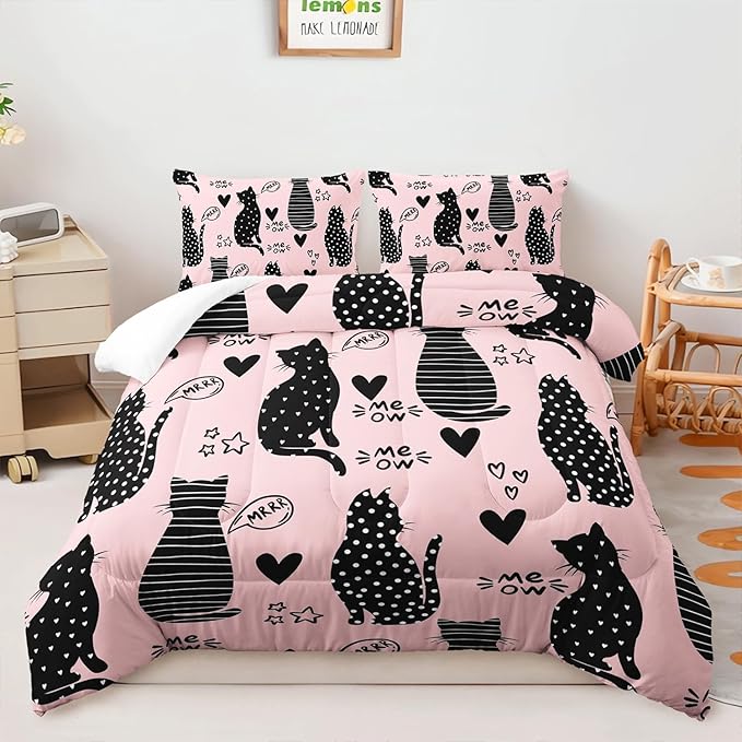 AILONEN Black Cat Comforter Set Queen Size,Pink and Black Soft Microfiber Kitted Bedding Set,3-Piece Cat Lover Bedroom Comforter with 2 Pillowcases