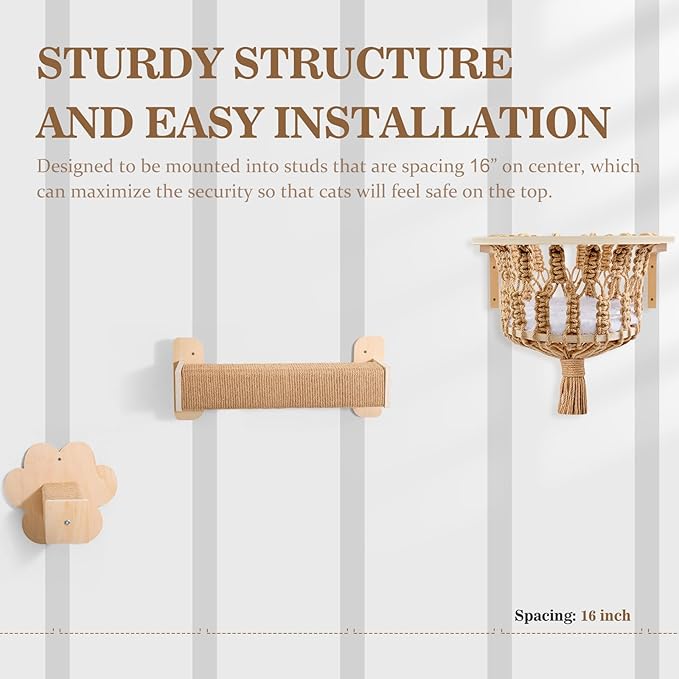 Cat Wall Shelves, Cat Wall Hammock with Scratching Post and Cat Step, Cat Wall Furniture for Climbing, Playing and Sleeping, Cat Shelves and Perches for Wall for Indoor Large Cats or Kittens