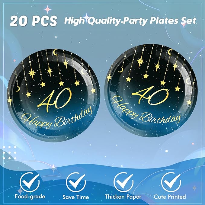 40th Birthday Party Decorations, 41Pcs Starry Galaxy Party Supplies Includes 20 Plate 20 Napkins and 1 Tablecloth, 40 Years Old Birthday Theme Party Decorations for Mens Women Birthday Party Favors
