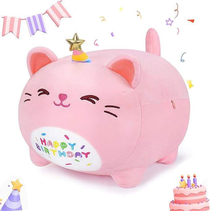 Auspicious beginning Pink Birthday Cat Plush Stuffed Animals-Gifts for Girlfriend, 16'' Pink Cat Plush, Kawaii Plushies Cat Body Pillow Cat Plushie, Kitten Plush Pillow Kids