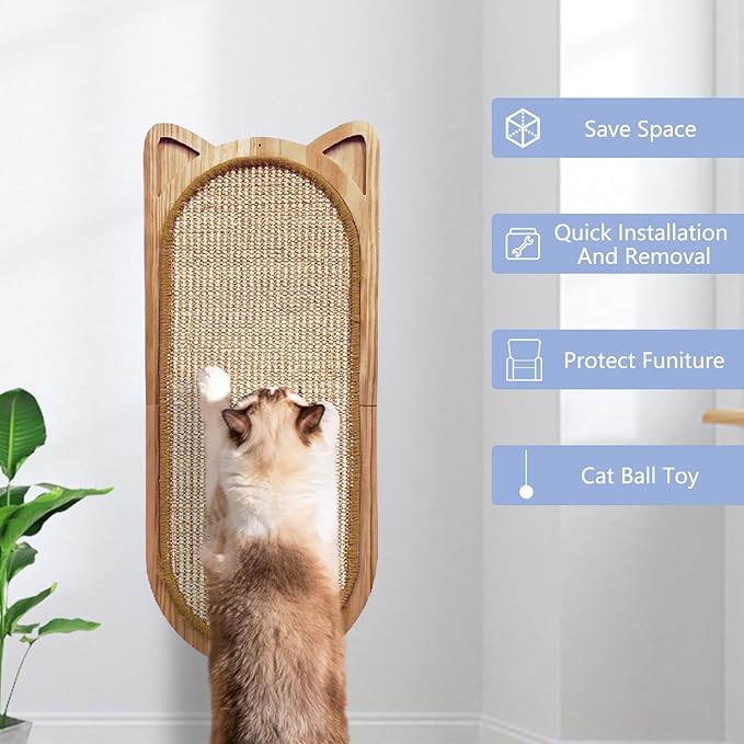 Cat Wall Scratching Post, Sisal Cat Wall Scratcher with Cat Ball Toy, Folding Wall Mount Cat Scratcher, Wood Cat Scratching Board for Couch Protector, Cat Wall Furniture for Cats